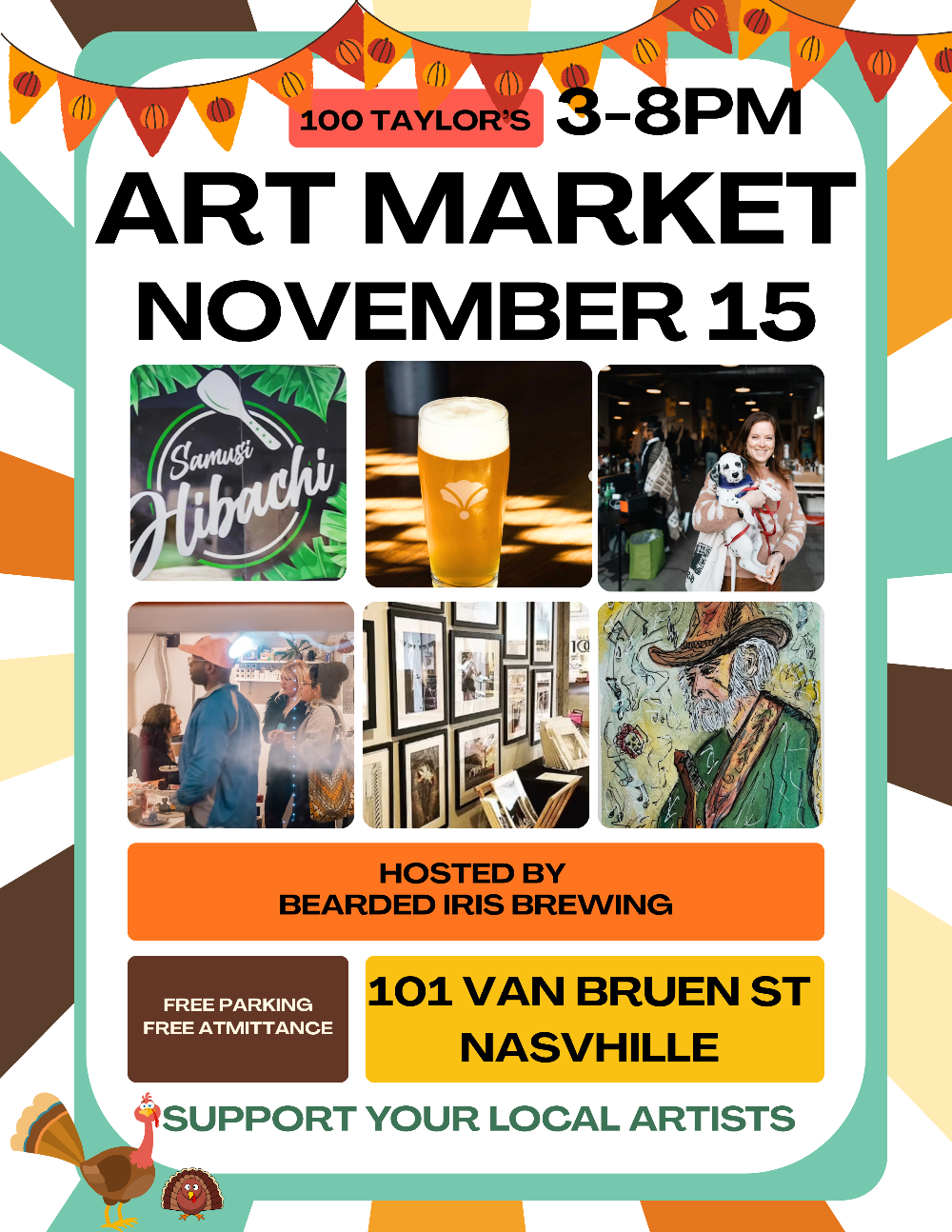 Promotional poster for an art market event with details and images of artwork and people.